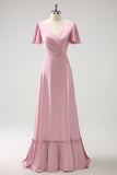 Pink A-Line V-Neck Ruffle Sleeves Wrap Satin Bridesmaid Dress