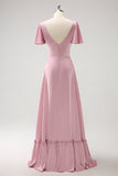 Pink A-Line V-Neck Ruffle Sleeves Wrap Satin Bridesmaid Dress