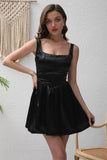 Black A-Line Satin Mini Party Dress