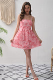 Pink Flower A-Line Spaghetti Straps Short Party Dress