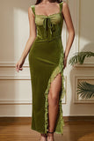 Green Mermaid Velvet Corset Long Party Dress with Laced Slit