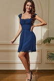 Navy Laced Square Neck A-Line Short Party Dress