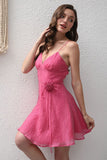 Fuchsia A-Line Spaghetti Straps Flower Short Party Dress