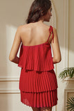 Red One Shoulder Pleated Tiered Sheath Short Party Dress