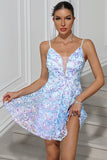 Pretty Blue A-Line Sequined Embroidery Spaghetti Straps Short Party Dress