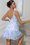 Pretty Blue A-Line Sequined Embroidery Spaghetti Straps Short Party Dress