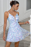 Pretty Blue A-Line Sequined Embroidery Spaghetti Straps Short Party Dress