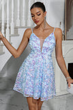 Pretty Blue A-Line Sequined Embroidery Spaghetti Straps Short Party Dress