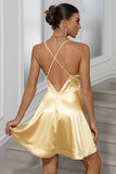 Golden A-Line Spaghetti Straps Satin Short Party Dress