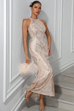 Sparkly Champagne Mermaid Halter Sequined Long Party Dress