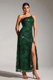 Sparkly Dark Green One Shoulder Mermaid Sequin Party Dress with Slit