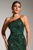 Sparkly Dark Green One Shoulder Mermaid Sequin Party Dress with Slit