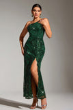 Sparkly Dark Green One Shoulder Mermaid Sequin Party Dress with Slit