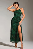 Sparkly Dark Green One Shoulder Mermaid Sequin Party Dress with Slit