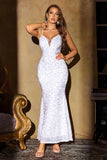 Sparkly White Mermaid Sequins Spaghetti Straps Party Dress