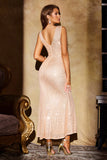 Sparkly Champagne Mermaid Sequins V Neck Backless Party Dress