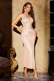 Sparkly Champagne Mermaid Sequins V Neck Backless Party Dress