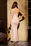 Stylish Champagne Mermaid V Neck Sequined Backless Party Dress