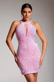 Sparkly Pink Halter Sequins Tight Hollow Out Short Party Dress