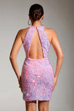 Sparkly Pink Halter Sequins Tight Hollow Out Short Party Dress