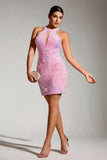 Sparkly Pink Halter Sequins Tight Hollow Out Short Party Dress