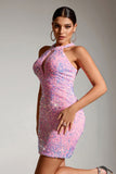 Sparkly Pink Halter Sequins Tight Hollow Out Short Party Dress