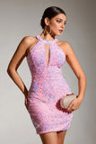 Sparkly Pink Halter Sequins Tight Hollow Out Short Party Dress