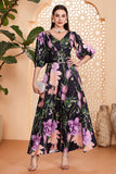 Black Floral A-Line Long Wedding Guest Dress with Belt