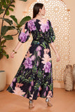 Black Floral A-Line Long Wedding Guest Dress with Belt