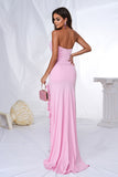 Elegant Pink Mermaid Strapless Ruffles Long Prom Dress with Slit