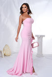 Elegant Pink Mermaid Strapless Ruffles Long Prom Dress with Slit