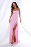 Elegant Pink Mermaid Strapless Ruffles Long Prom Dress with Slit