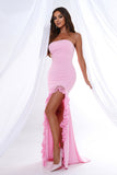 Elegant Pink Mermaid Strapless Ruffles Long Prom Dress with Slit