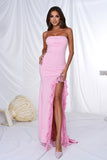 Elegant Pink Mermaid Strapless Ruffles Long Prom Dress with Slit