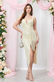 Apricot Spaghetti Straps Bodycon Sequined Prom Dress with Slit