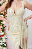 Apricot Spaghetti Straps Bodycon Sequined Prom Dress with Slit