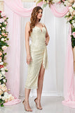 Apricot Spaghetti Straps Bodycon Sequined Prom Dress with Slit