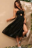 Sparkly Black One Shoulder A Line Short Cocktail Dress with Slit