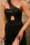 Sparkly Black One Shoulder A Line Short Cocktail Dress with Slit