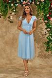 Sky Blue A Line V Neck Tulle Tea-Length Wedding Party Dress