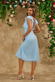 Sky Blue A Line V Neck Tulle Tea-Length Wedding Party Dress