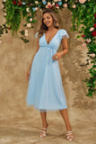 Sky Blue A Line V Neck Tulle Tea-Length Wedding Party Dress