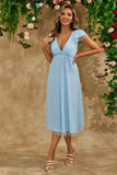 Sky Blue A Line V Neck Tulle Tea-Length Wedding Party Dress