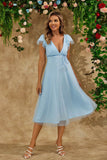 Sky Blue A Line V Neck Tulle Tea-Length Wedding Party Dress