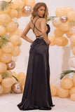 Black Mermaid Lace-up Back Bodycon Formal Dress with Slit