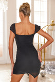 Black V Neck Cap Sleeves Tight Beaded Short Party Dress