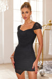 Black V Neck Cap Sleeves Tight Beaded Short Party Dress