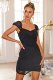 Black V Neck Cap Sleeves Tight Beaded Short Party Dress