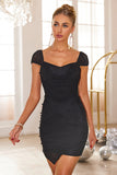 Black V Neck Cap Sleeves Tight Beaded Short Party Dress