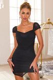 Black V Neck Cap Sleeves Tight Beaded Short Party Dress